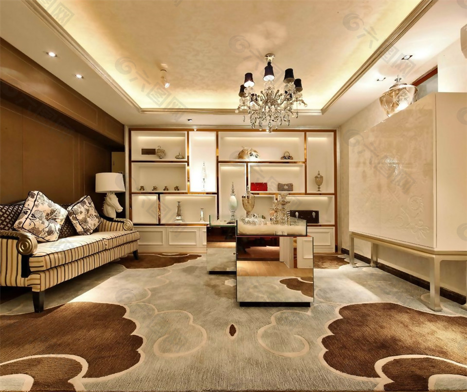 现代时尚花纹地毯客厅室内装修效果图