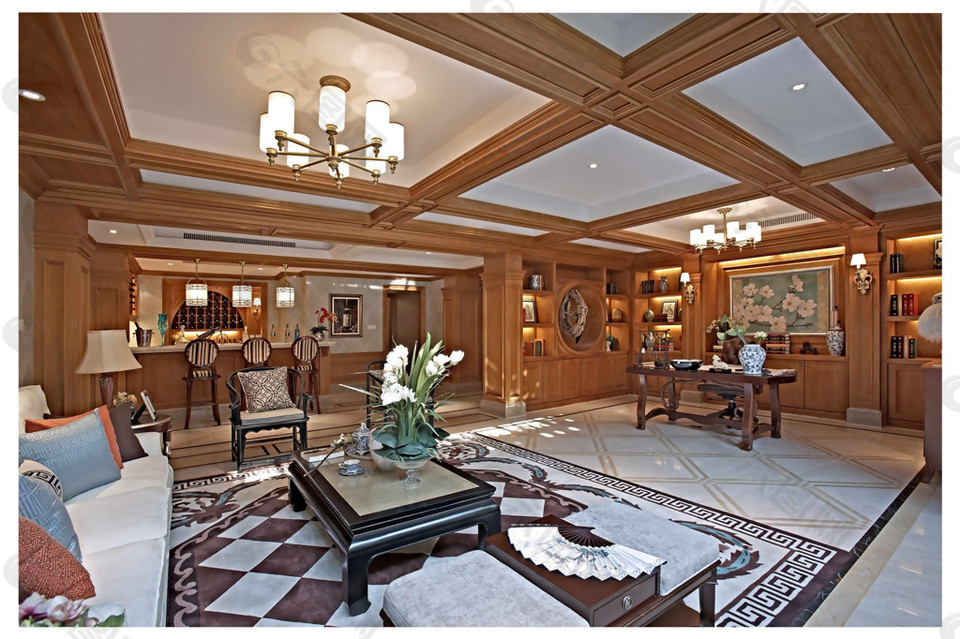 中式风格客厅木制格子天花板室内装修效果图