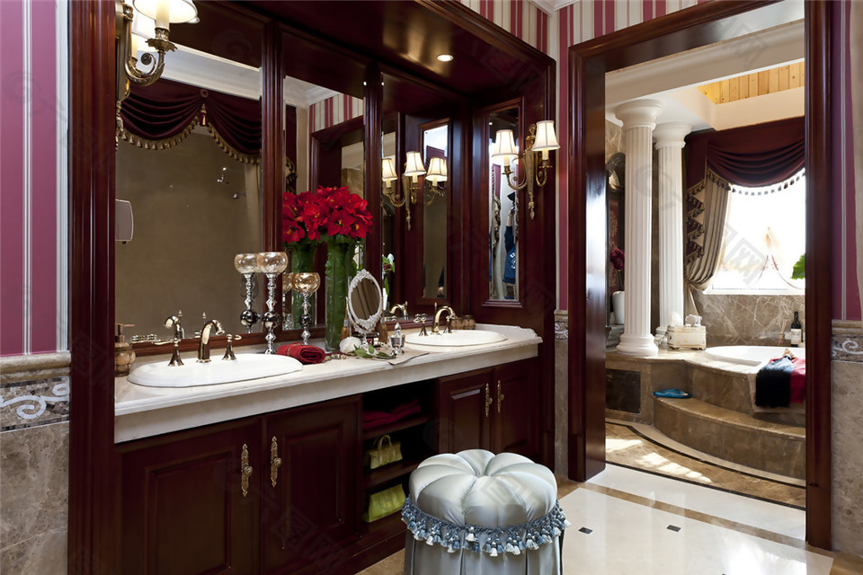 中式洗手盆卫生间墙壁隔断浴缸装修效果图
