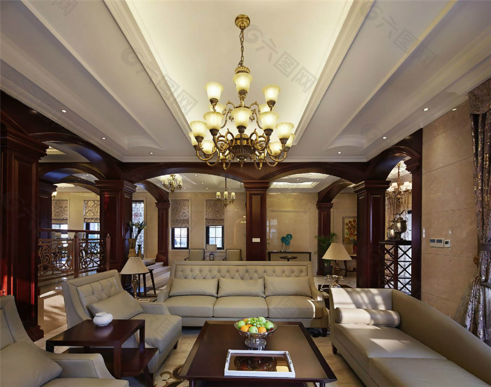 现代简约客厅方形吊顶吊灯装修效果图