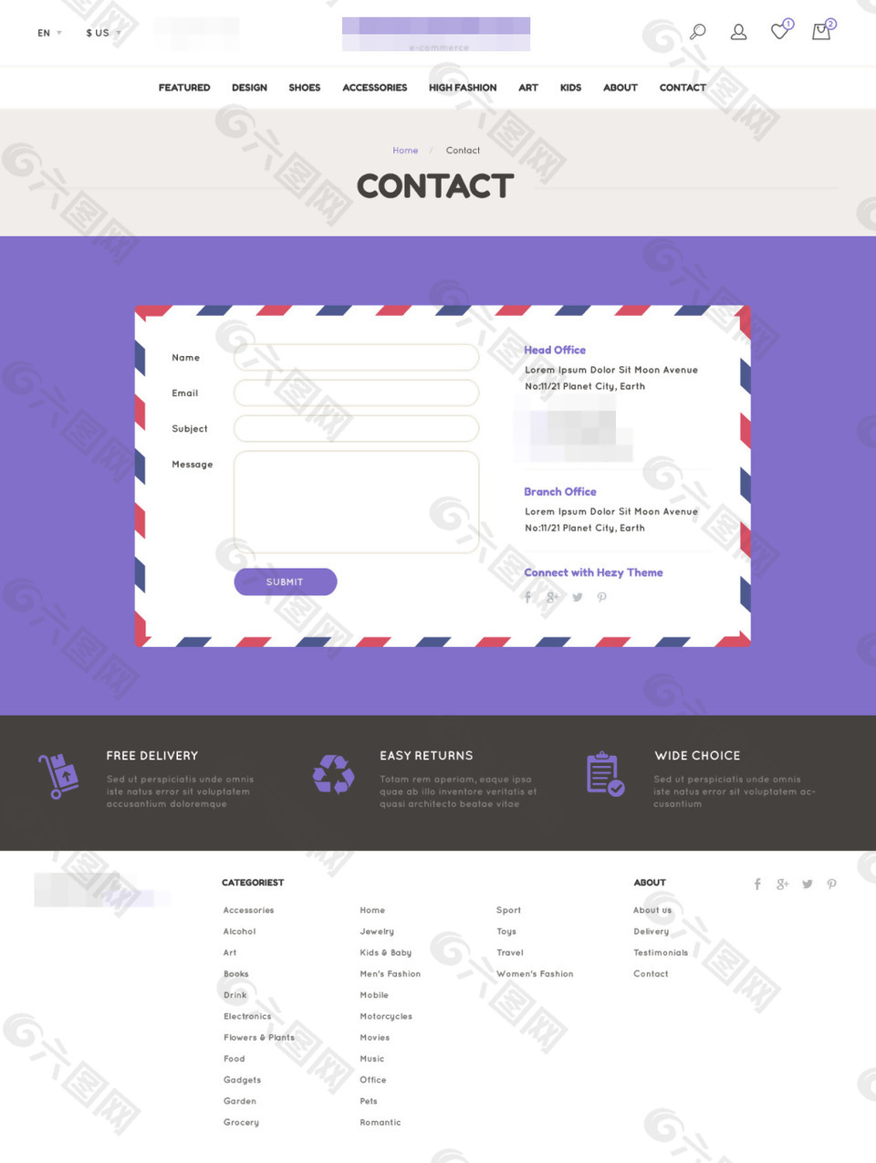 紫色企业网站联系我们界面模板设计