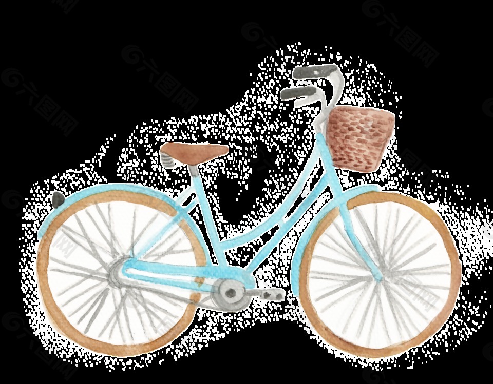 蓝色单车手绘水彩透明免扣图案