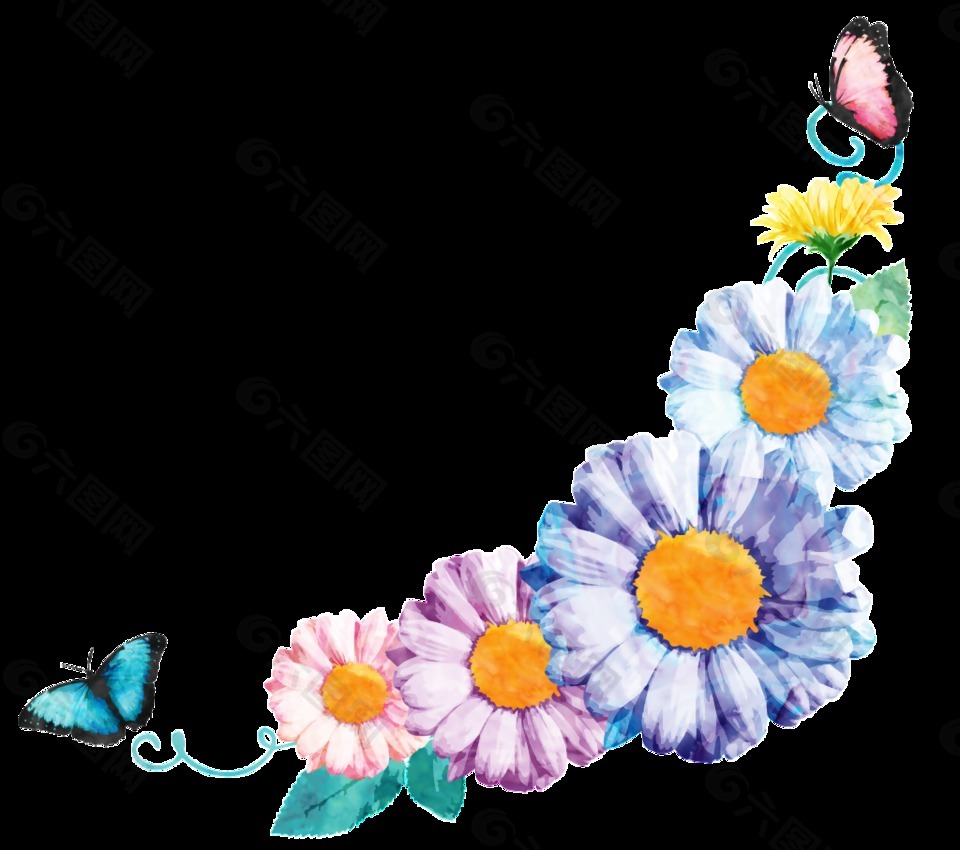 多色菊花蝴蝶花朵边框装饰素材