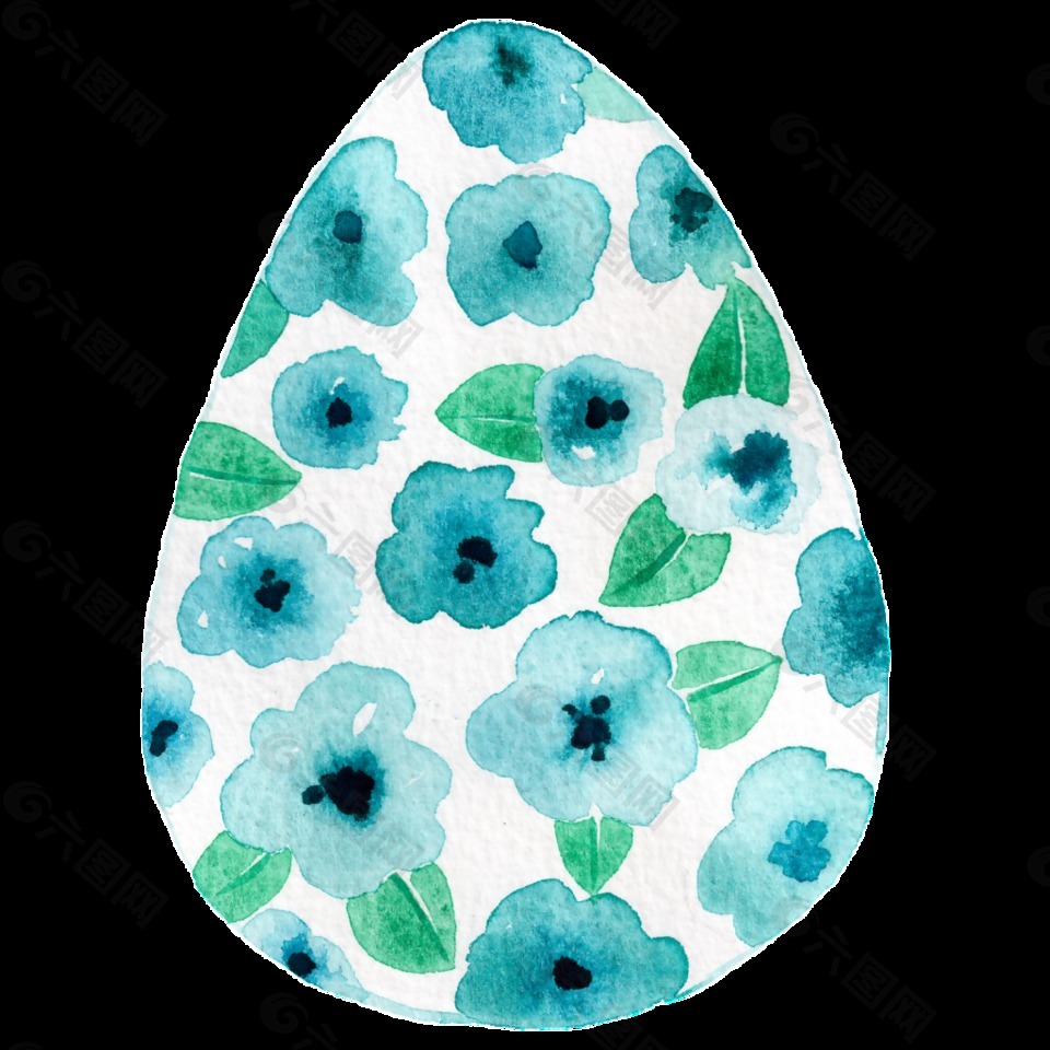 蓝色小花叶子蛋状手绘卡通透明素材