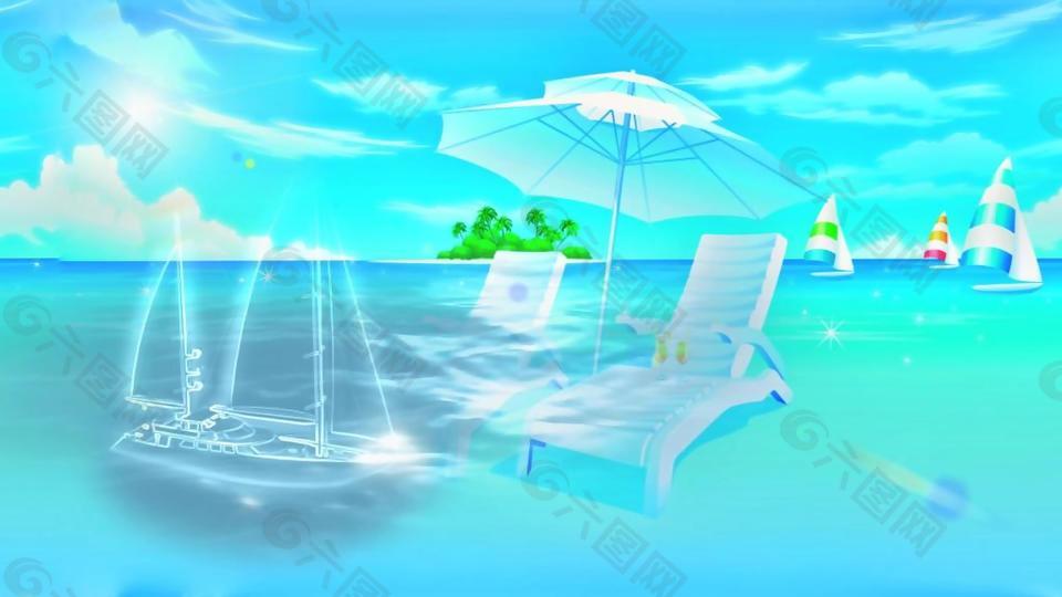清凉夏威夷海滩太阳伞帆船