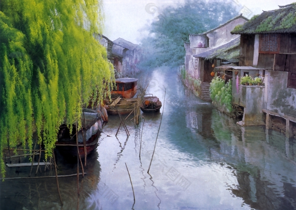 小河流水村庄图画图片