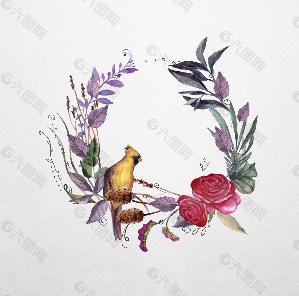 水彩绘花朵和小鸟边框