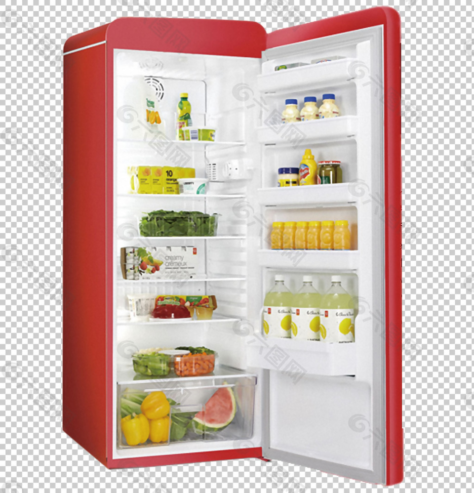 装满食品红色冰箱免抠png透明图层素材