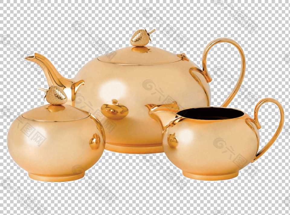 金色光泽茶壶茶具免抠png透明图层素材