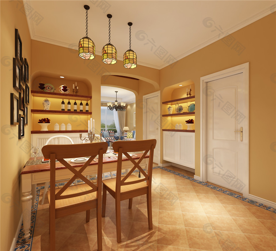 温馨暖色调原木餐厅室内效果图装饰装修素材免费下载(图片编号