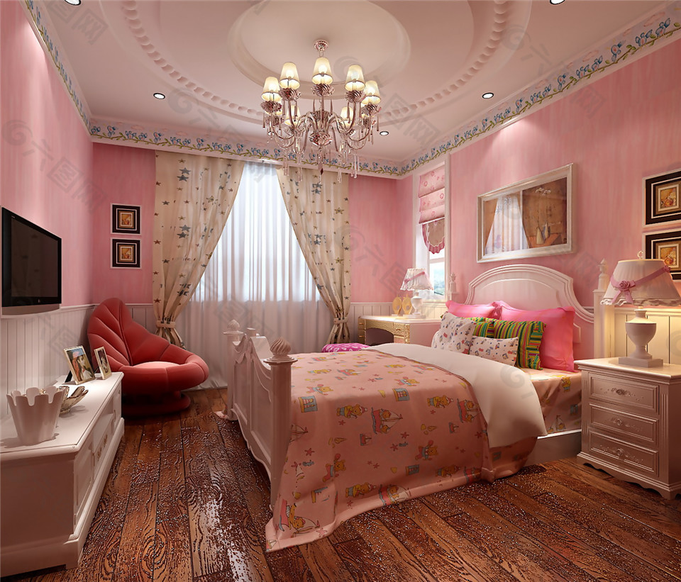 田园地中海粉红色卧室木地板效果图