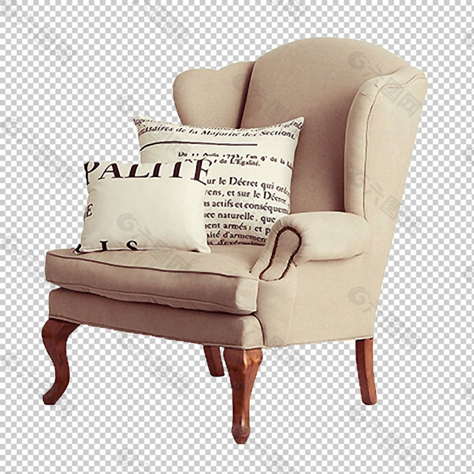 浅黄色布艺扶手椅免抠png透明图层素材设计元素素材免费下载(图片编号