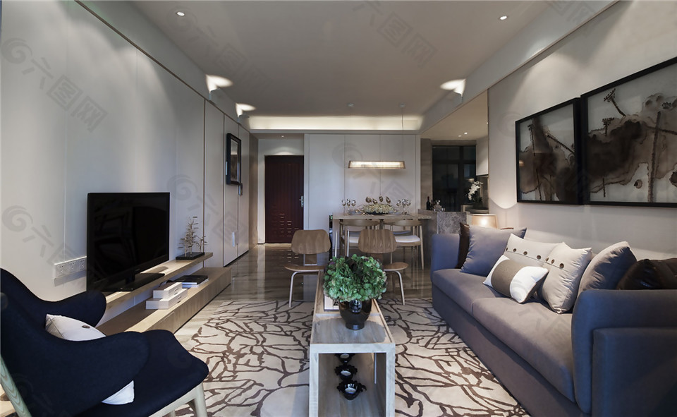 现代极简客厅线条花纹地板室内装修效果图