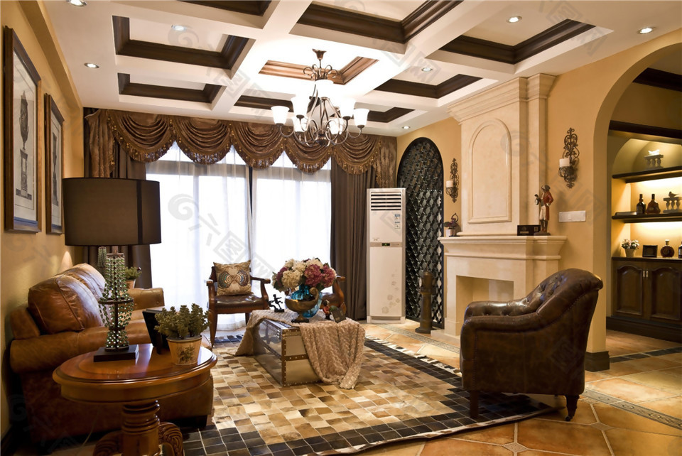 现代亮色系客厅金色格子地板室内装修效果图