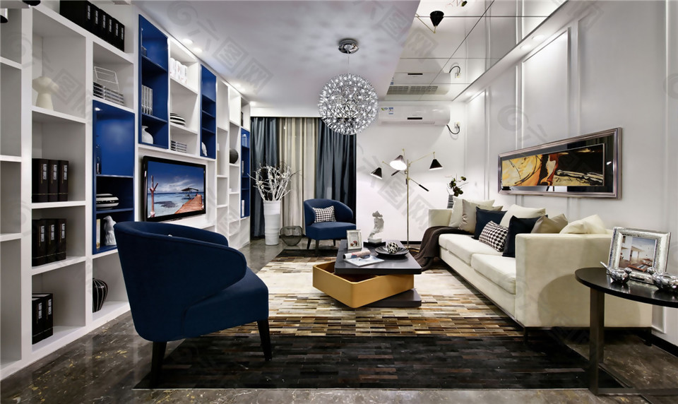 现代时尚风格客厅深色花纹地板室内装修图