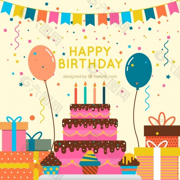 老式蛋糕和生日装饰背景