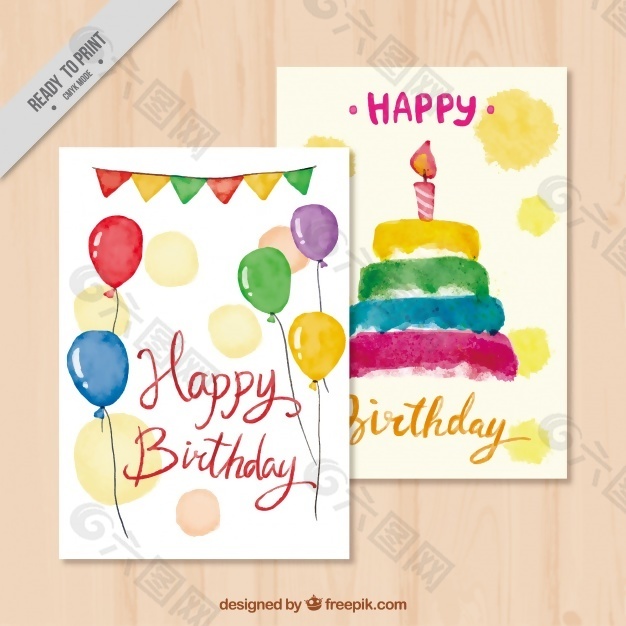 生日快乐卡蛋糕和水彩的气球