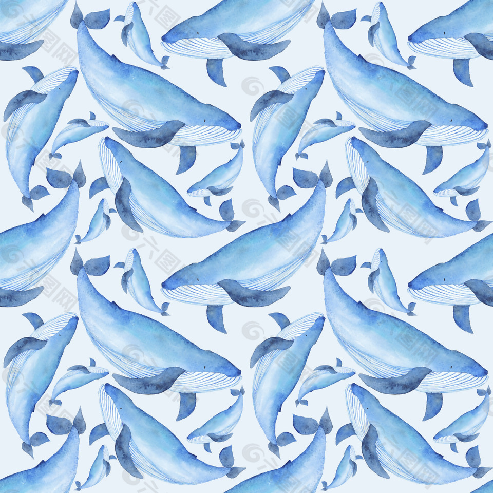 手绘蓝色鲸鱼卡通水彩素材