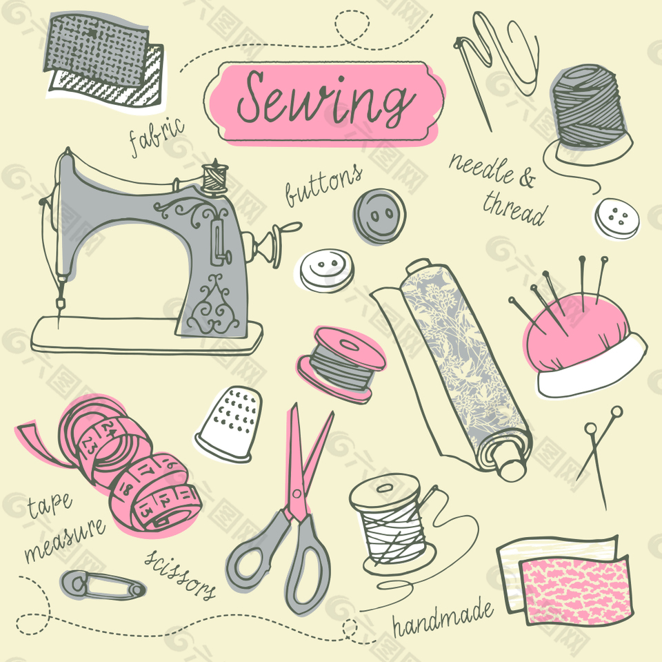 手绘缝纫用品插画背景