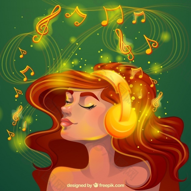 女人听音乐用金色的光魔法背景