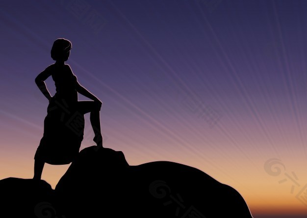 夕阳中的矢量女孩剪影。站在岩石上的女孩。