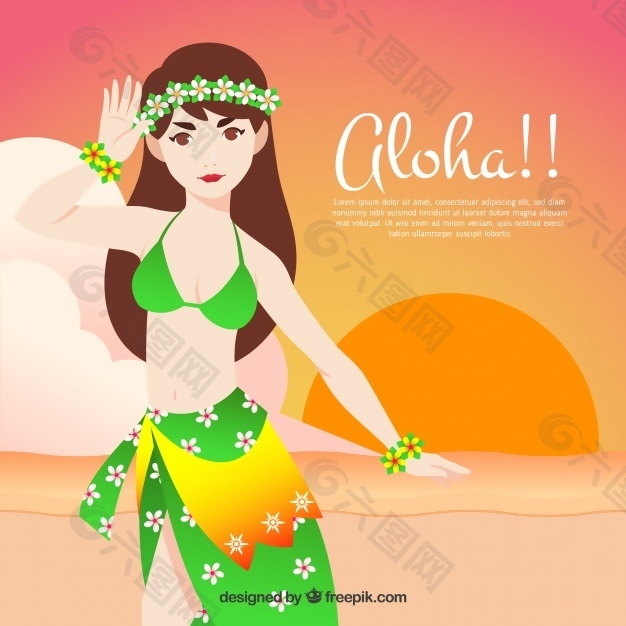 在日落海滩上的夏威夷女孩背景