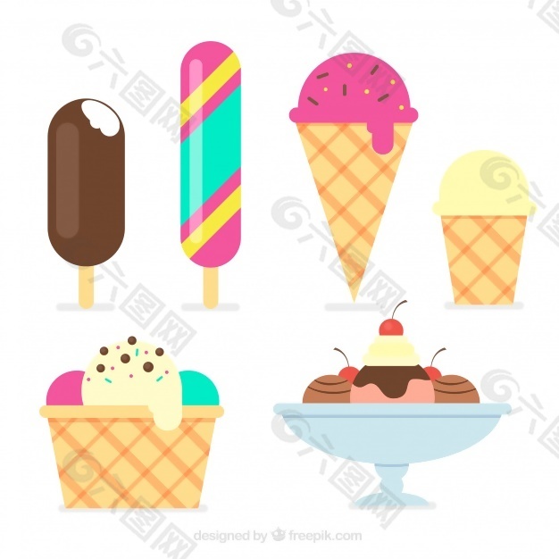 不同种类的冰淇淋平板集