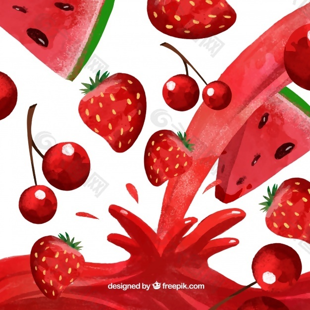 与西瓜汁背景，水彩画风格的樱桃和草莓