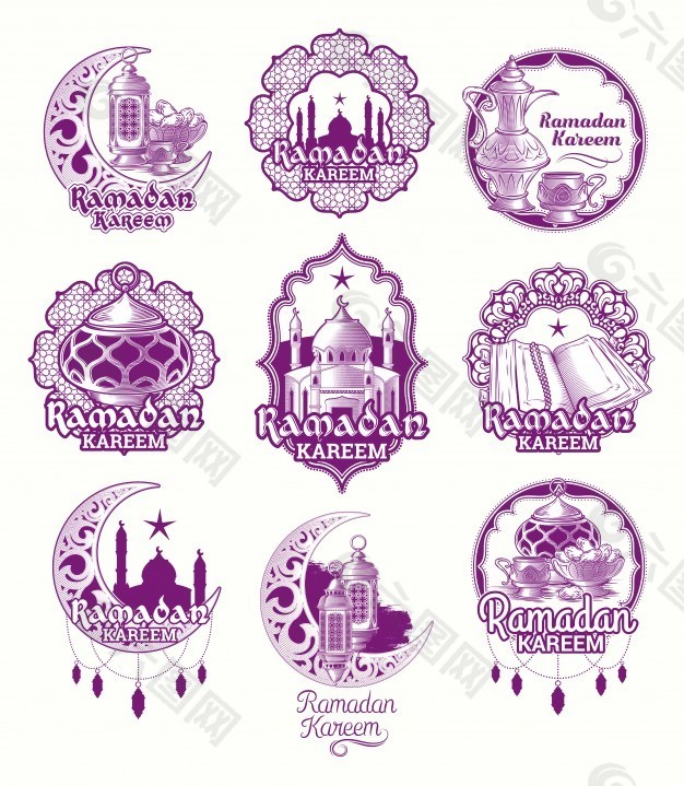 设置矢量紫色插图，标志Ramadan