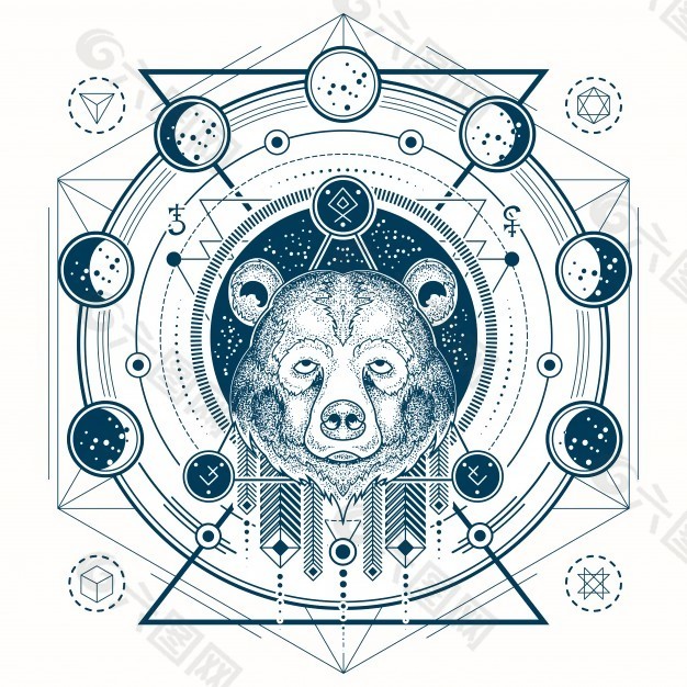 熊头和月相的几何纹身的矢量图示
