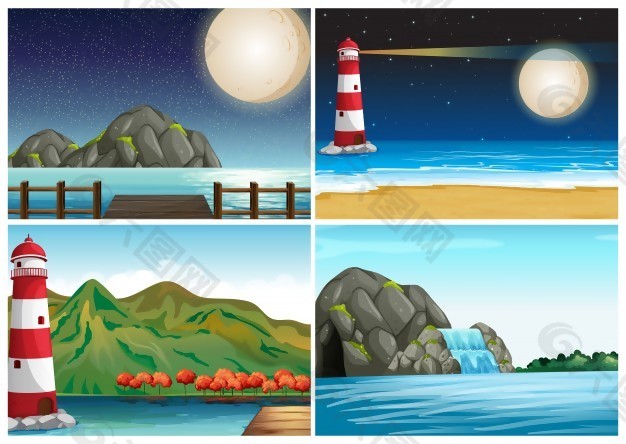 四个场景的灯塔和海洋的插图
