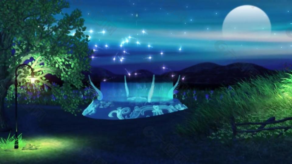 唯美梦幻夜晚湖面绿树背景视频素材