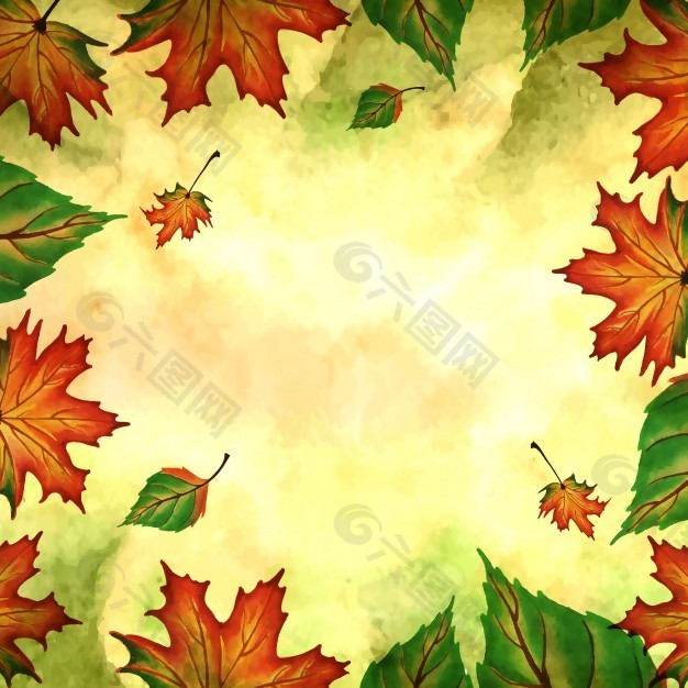 秋天的背景与水彩画的橙色，黄色和绿色的叶子