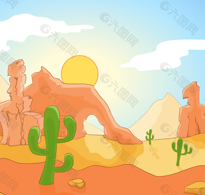 彩绘沙漠戈壁和仙人掌风景矢量
