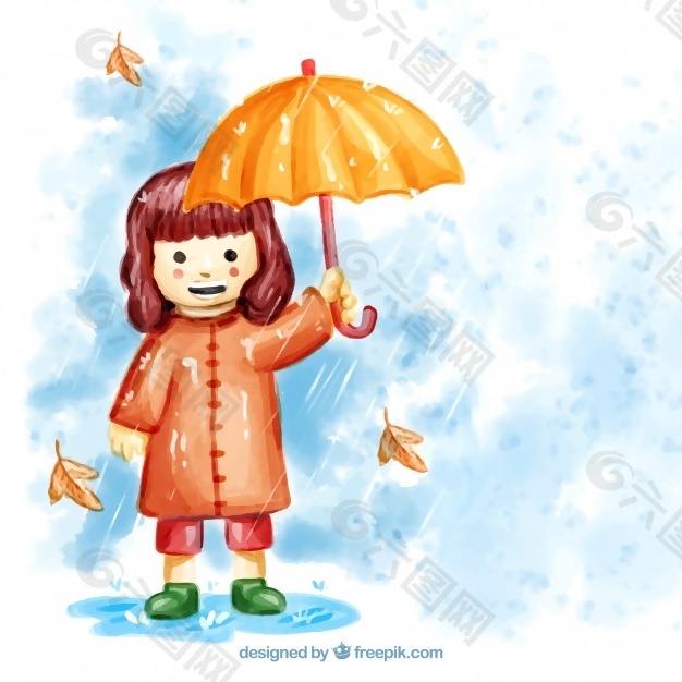 带雨伞的水彩笑脸女孩