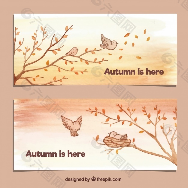 可爱的秋日旗帜，鸟儿和树