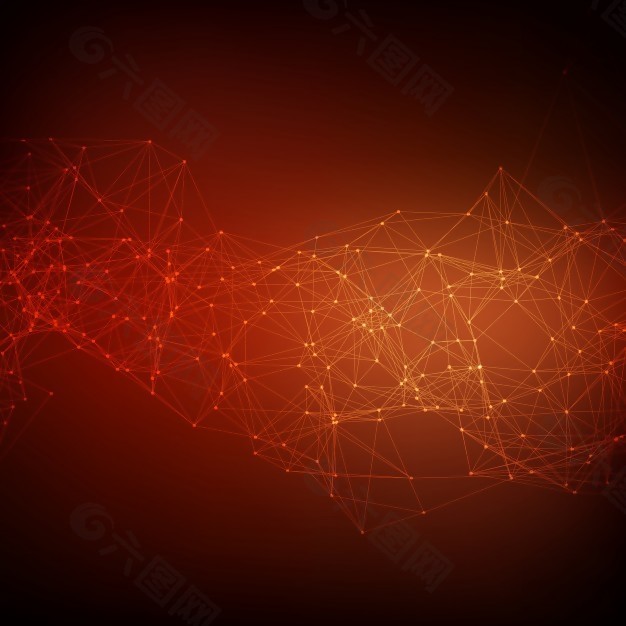 抽象红色网格背景矢量。混乱的连接点和多边形空间飞行。飞行的碎片。未来技术风格卡。直线、点、圆和平面。未来的设计。