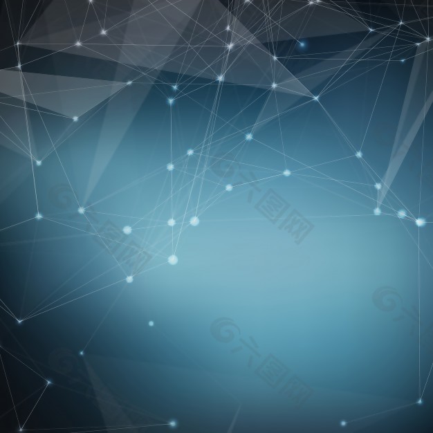 抽象蓝网背景矢量。混乱的连接点和多边形空间飞行。飞行的碎片。未来技术风格卡。直线、点、圆和平面。未来的设计。