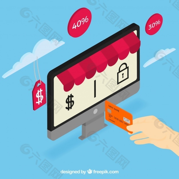 网上购物背景和复古风格的信用卡