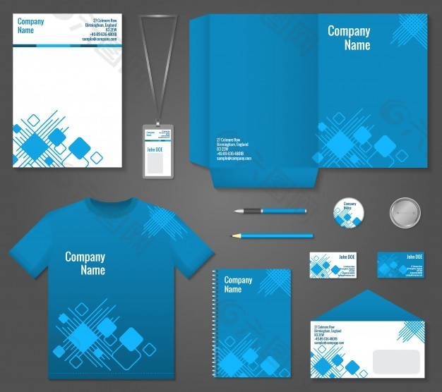 蓝色和白色几何技术企业文具模板为企业的身份和品牌设置矢量插图