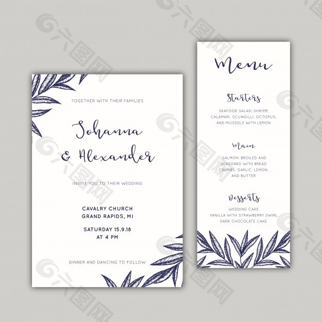 婚礼请柬和菜单设置手绘的叶子