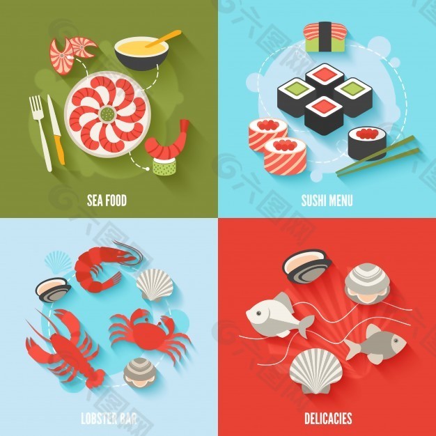海鲜平面图标设置寿司菜单龙虾酒吧美味孤立矢量插图