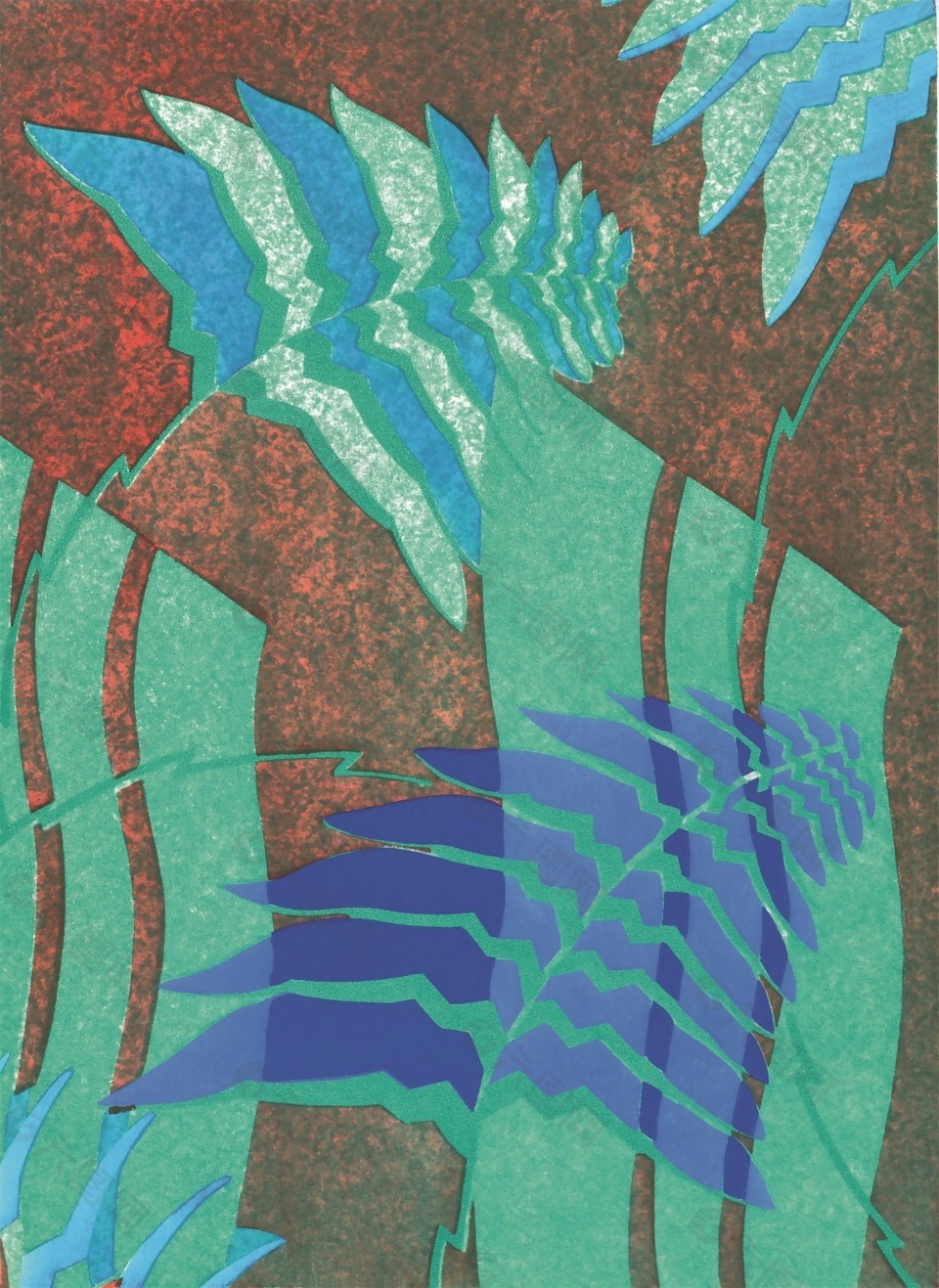 蓝绿色手绘植物花纹填充背景