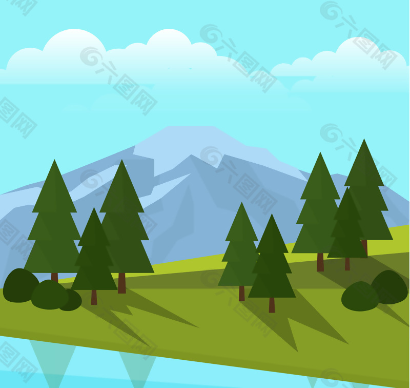 绿色山坡树木和远山风景矢量