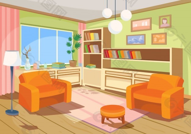 向量的桔子家房间卡通内插图 一个有两个软沙发客厅平面广告素材免费下载 图片编号 六图网