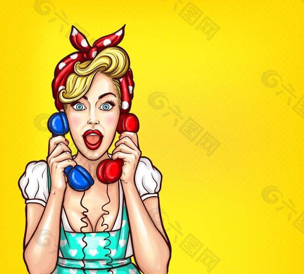 矢量流行艺术插图，一个兴奋的金发碧眼的女人，手里拿着两个电话听筒。
