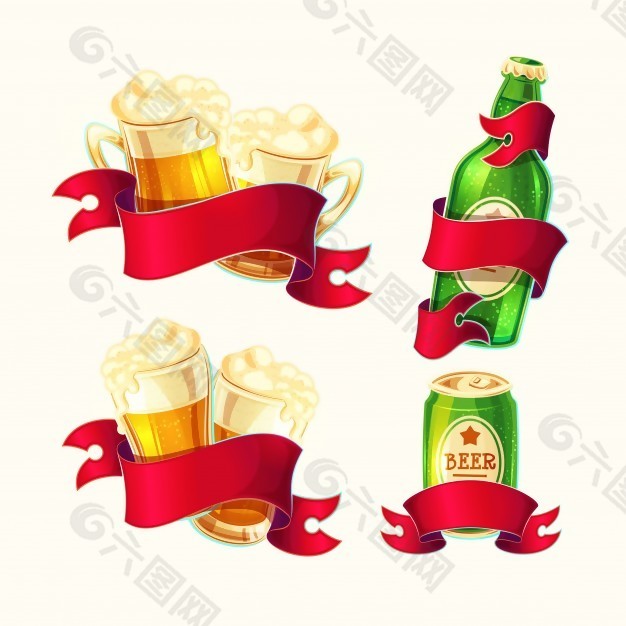 一套矢量孤立的卡通插画啤酒眼镜，玻璃瓶，铝罐与红丝带。