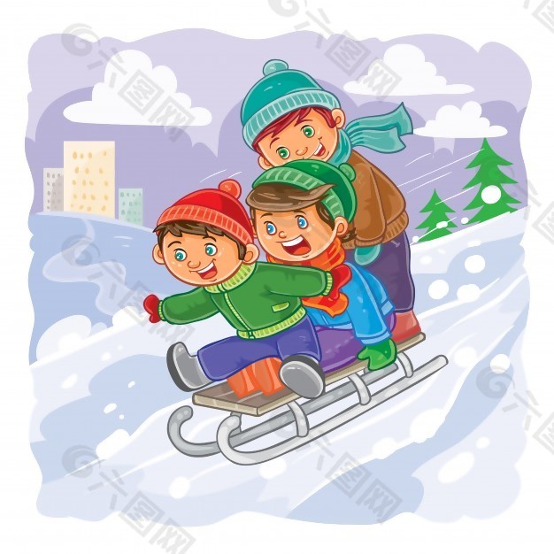三个小男孩滚在一起，从山上的雪橇