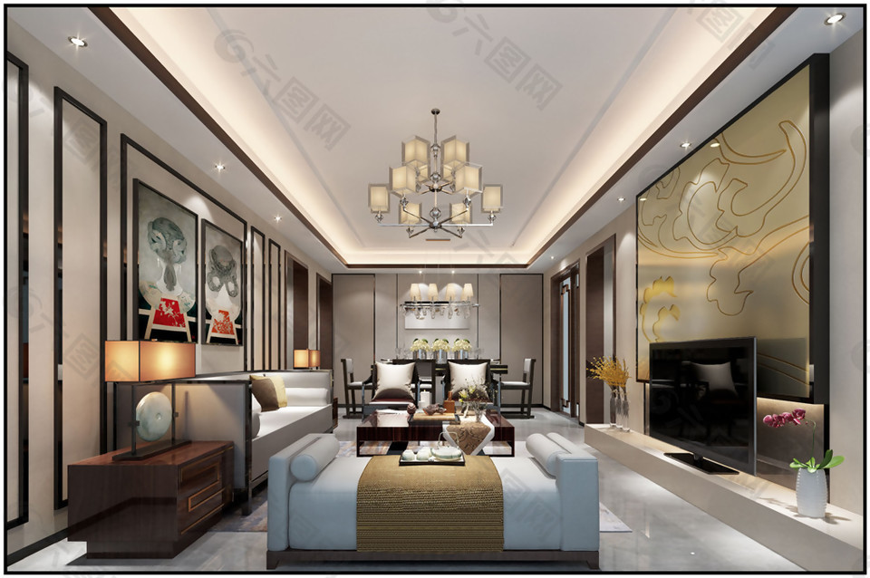 现代时尚客厅铜黄亮面背景墙室内装修效果图