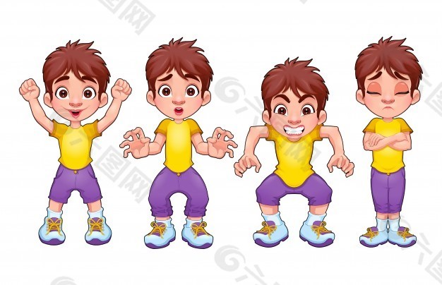 四对同一个孩子在不同的表达载体的卡通人物形象孤立